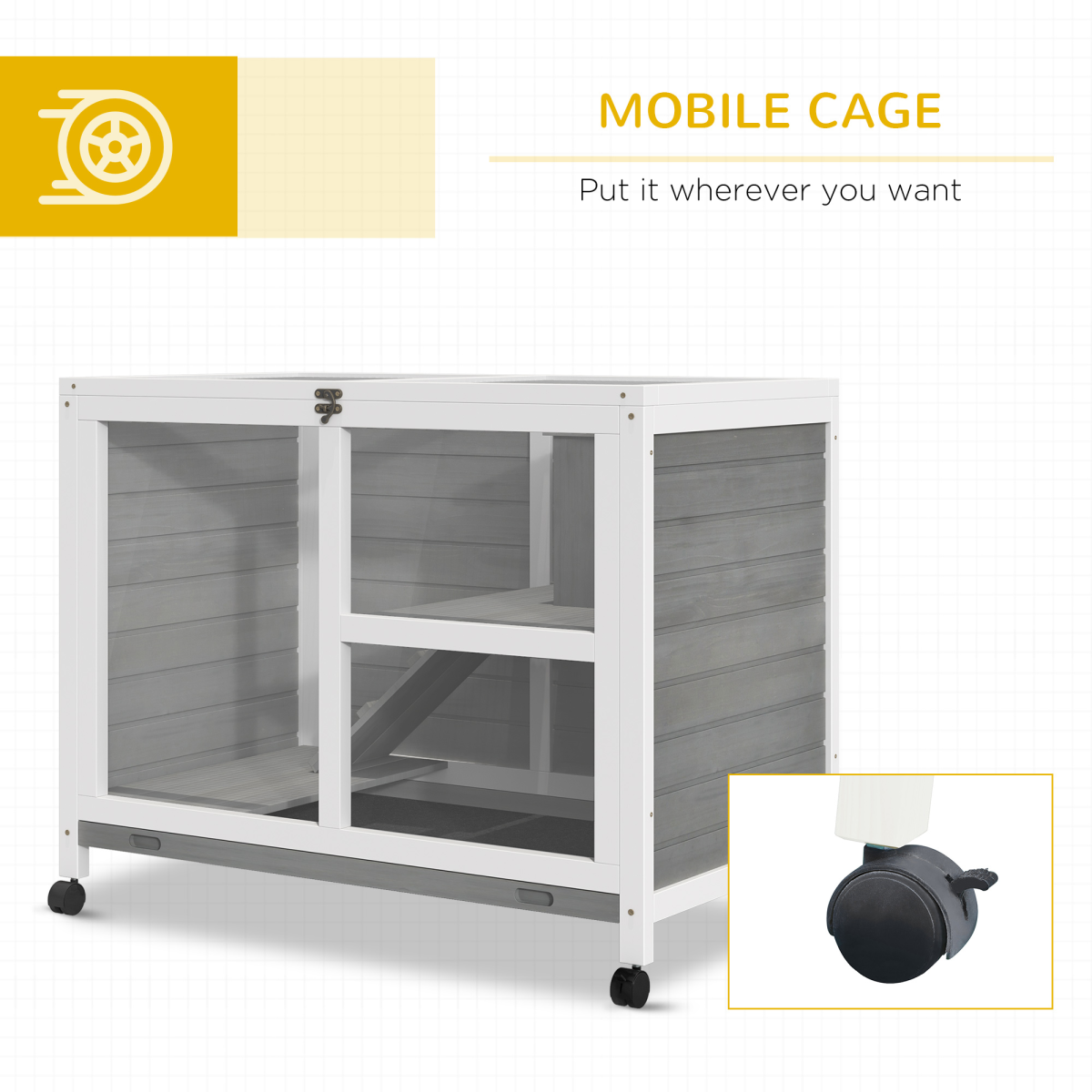 Indoor Wooden Rabbit Hutch, 2-Tier Indoor Bunny Cage with Tray, Ramp and Wheels, Grey