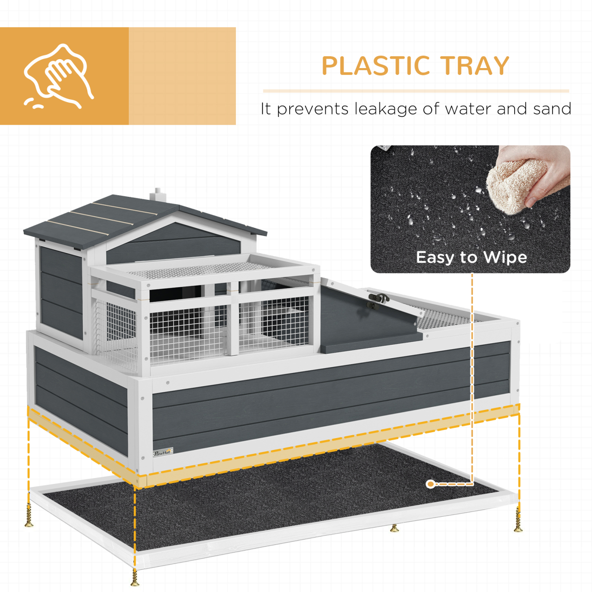 PawHut Wooden Tortoise House with Balcony, Tray & Openable Roof