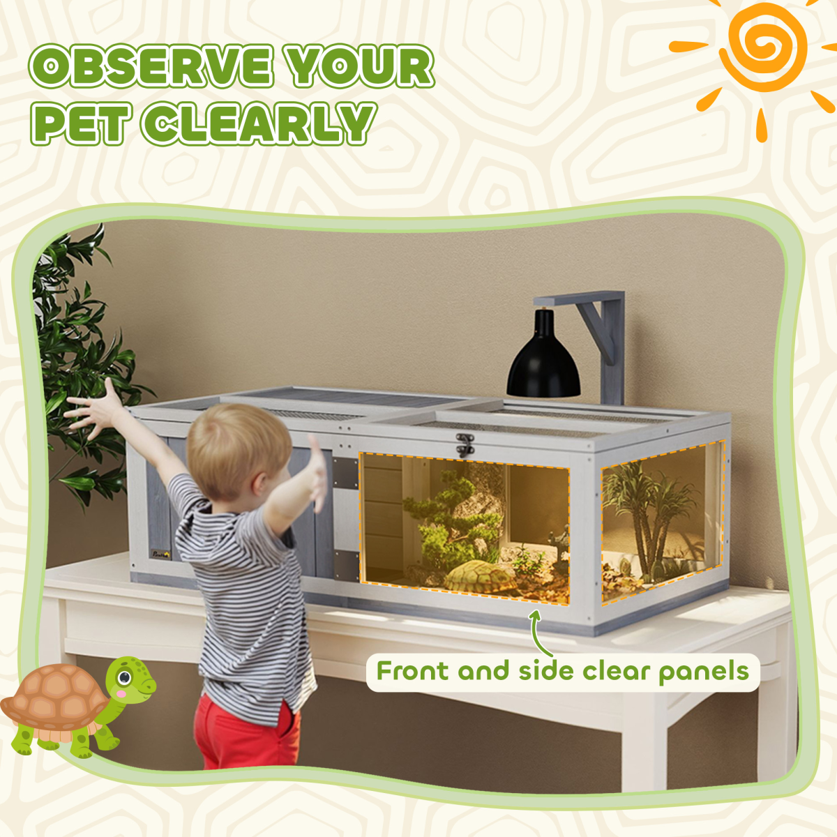 PawHut Wooden Tortoise House with Lamp Holder, Clear Windows
