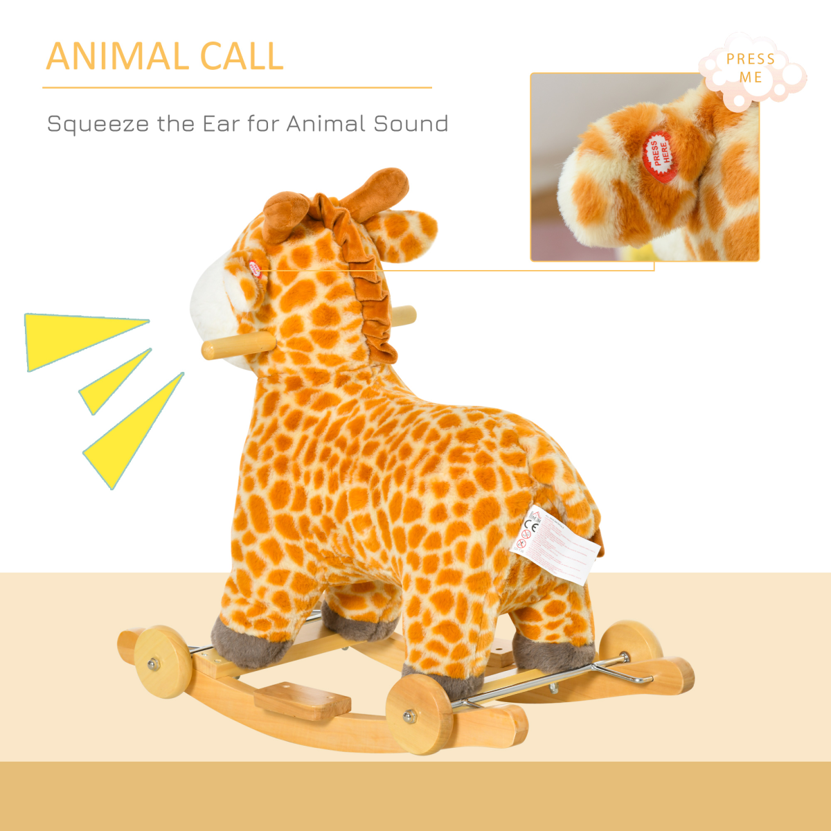 2-in-1 Kids Plush Giraffe Rocking Ride-On with Sound and Wheels Yellow