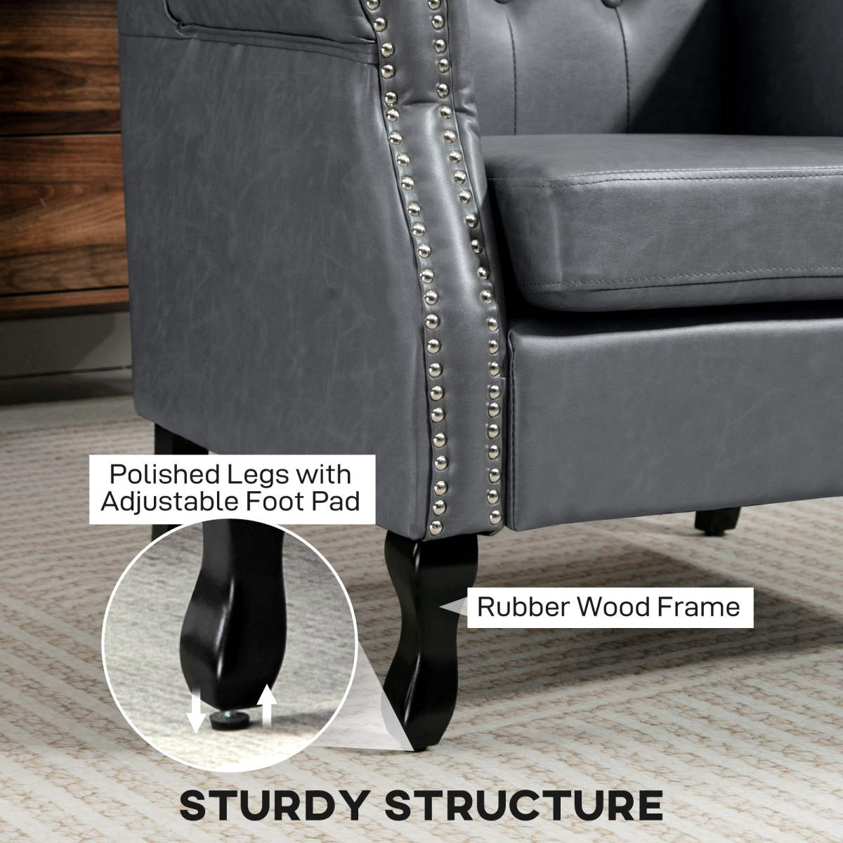 HOMCOM Grey Faux Leather Chesterfield Wing Back Armchair