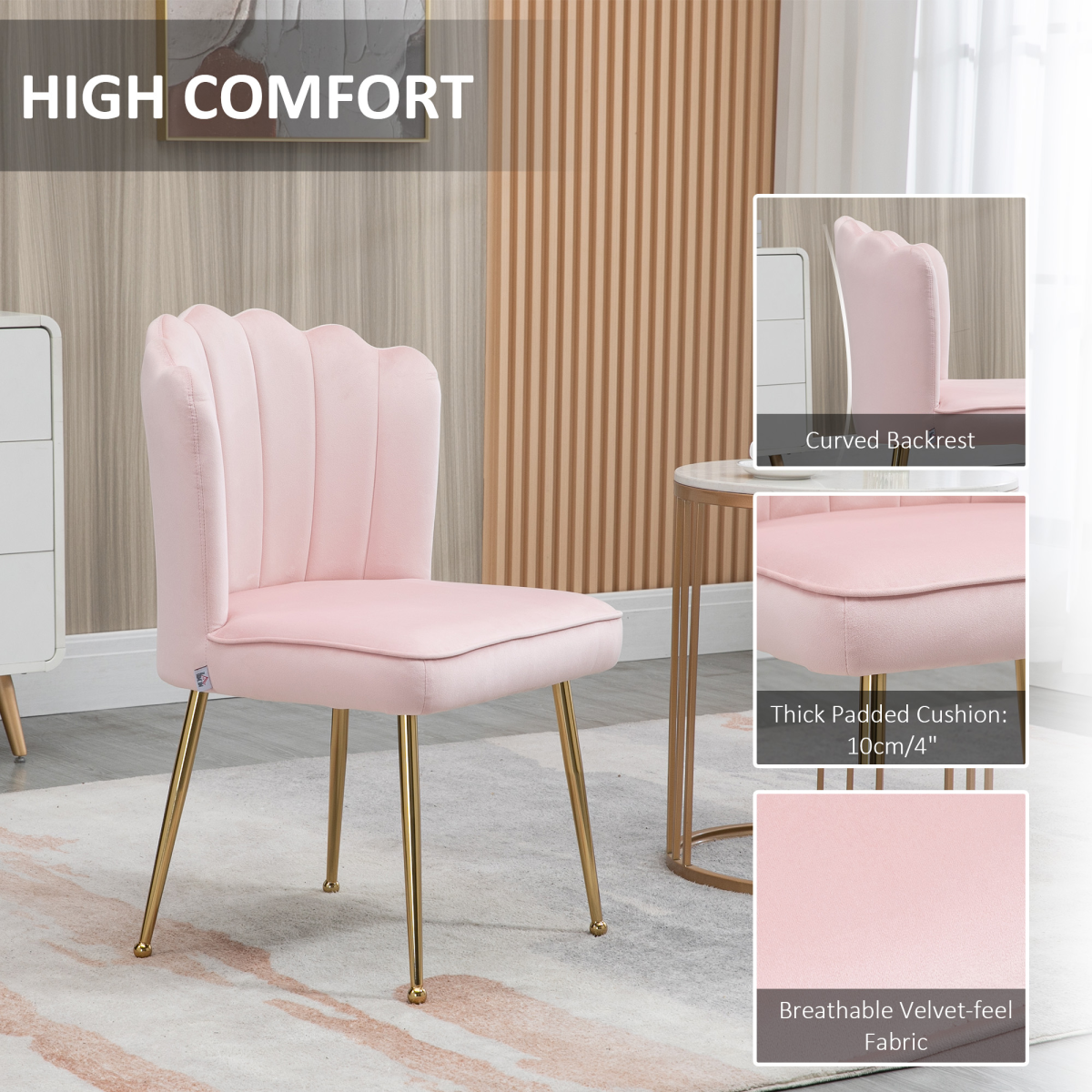 HOMCOM Pink Velvet-Feel Shell Accent Chair with Gold-Tone Metal Legs
