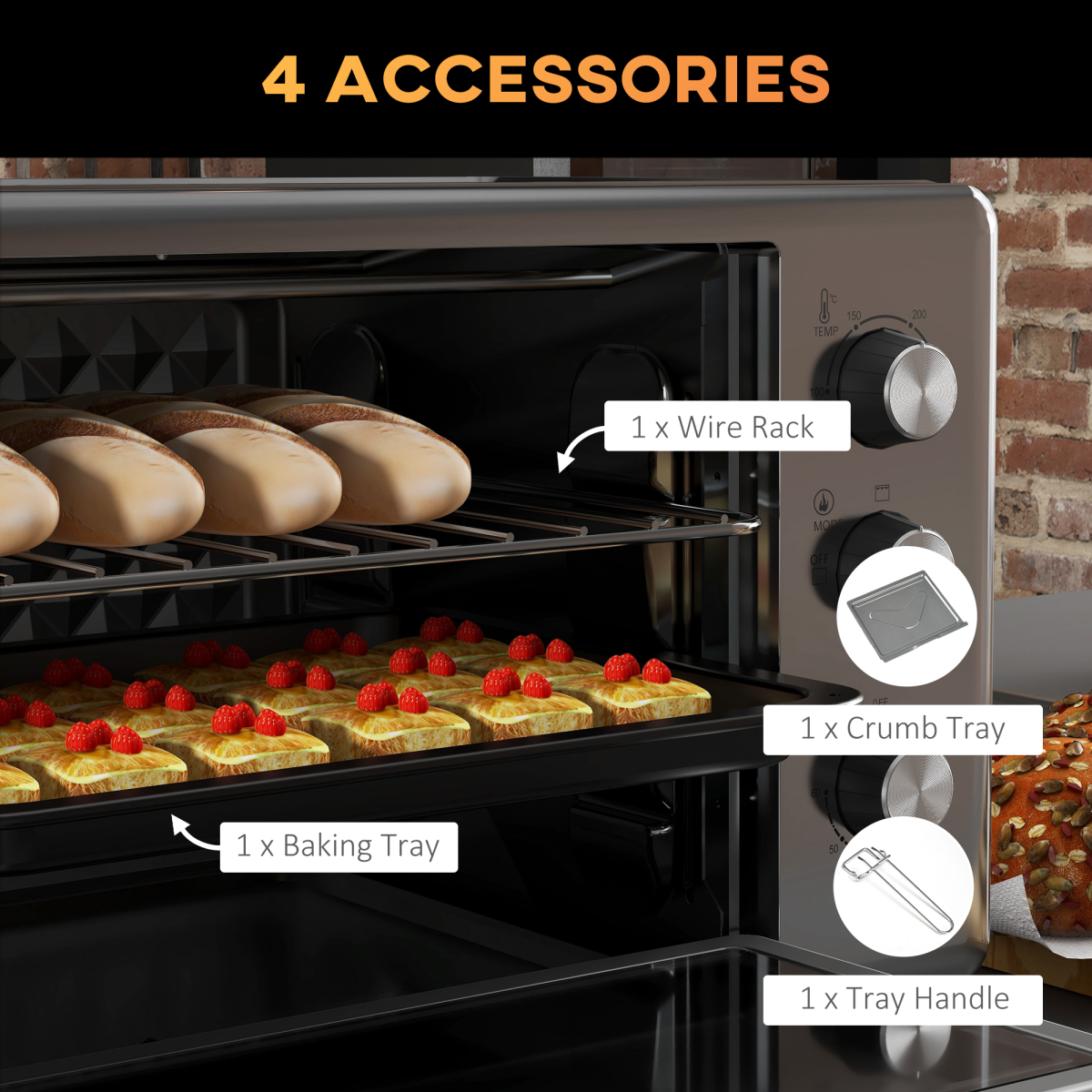 HOMCOM 30L Mini Oven, 1600W Compact Countertop Oven with Adjustable Temperature and 60-Minute Timer, Silver