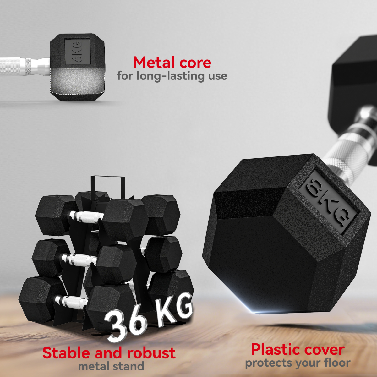 SPORTNOW 36KG Hex Dumbbell Set with Rack, Rubber Coated Cast Iron