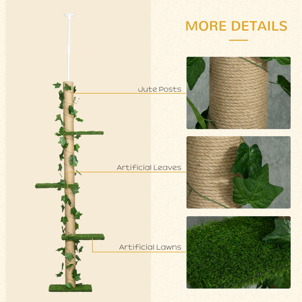 202-242cm Adjustable Floor-to-Ceiling Cat Tree, Green, Anti-Slip Kit