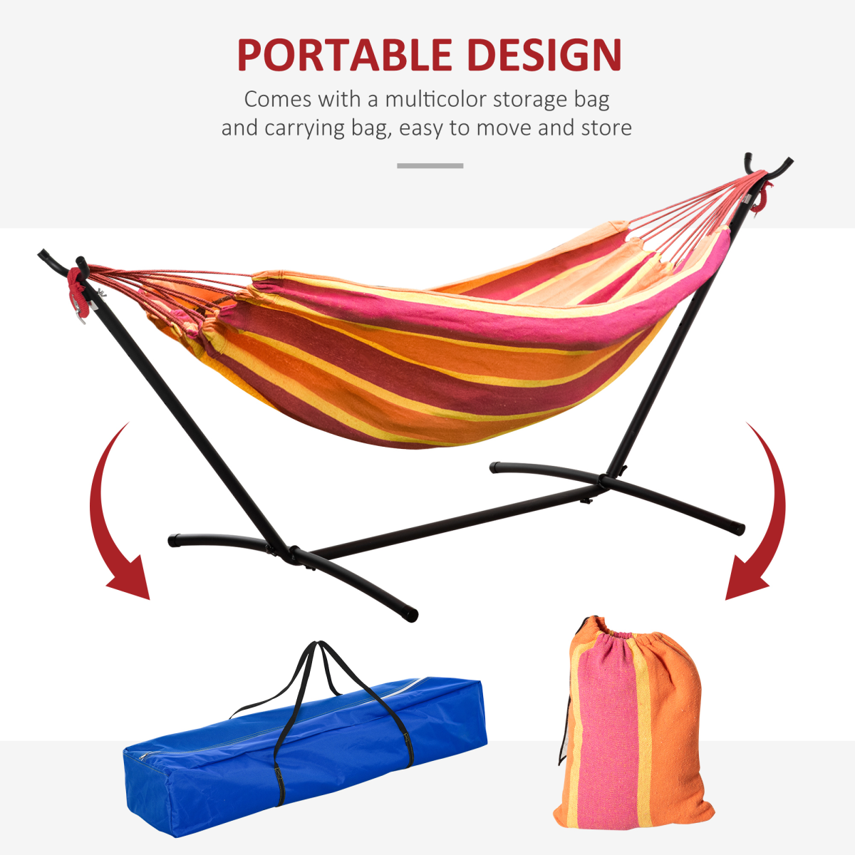 Outsunny 277 x 121 cm Hammock with Metal Stand and Carrying Bag, 120 kg, Multicolor Stripe
