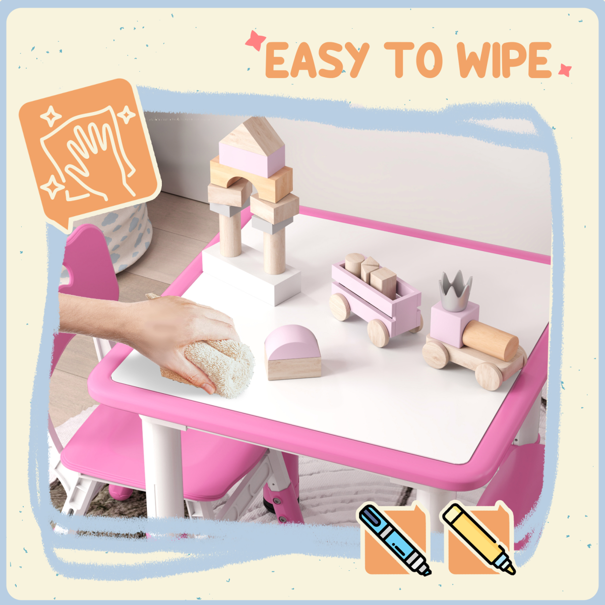 AIYAPLAY 3-Piece Adjustable Kids Table and Chair Set, Pink
