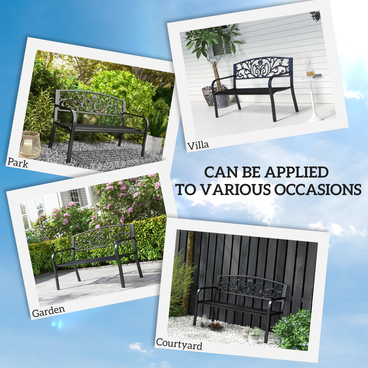 Outsunny 2-Seater Steel Garden Bench with Floral Backrest
