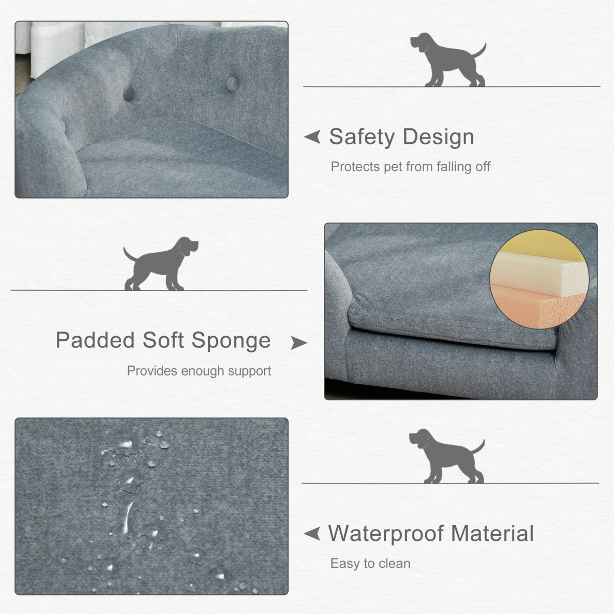 Grey Pet Sofa Dog Couch for Small Dogs, Short Plush, 70 x 47 x 30 cm