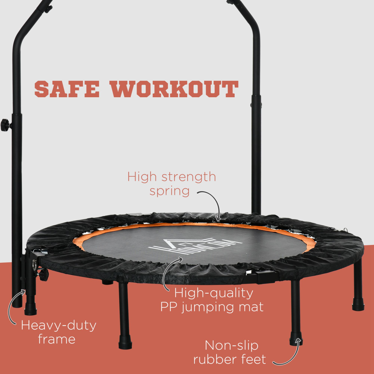 40in Foldable Mini Fitness Trampoline Rebounder with Adjustable Foam Handle