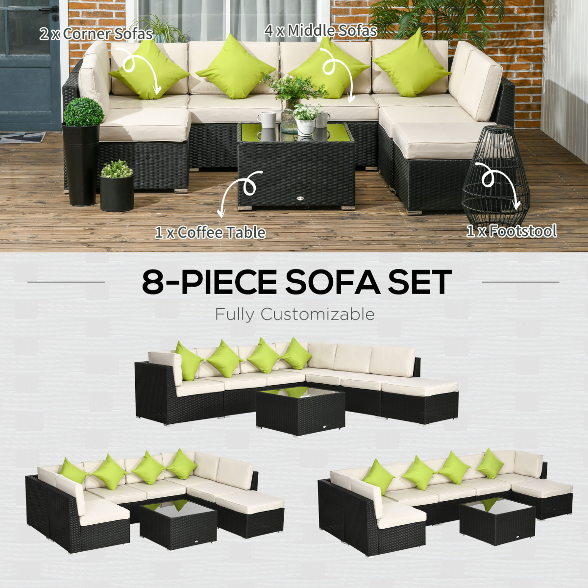 Outsunny 8 Piece Patio Rattan Sofa Set with Cushions and Coffee Table, Outdoor Garden Furniture Set