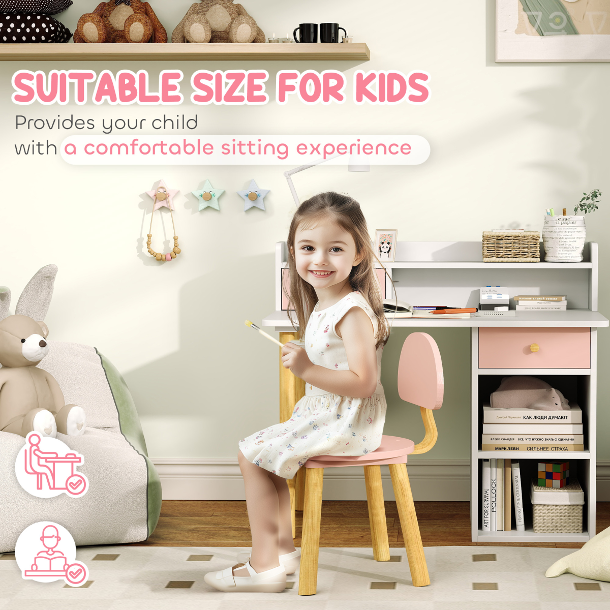 AIYAPLAY Kids Desk and Chair Set with Storage for Ages 3-8, Pink