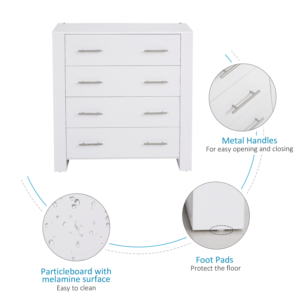 White 4-Drawer Chest of Drawers, Metal Handles, Storage Cabinet