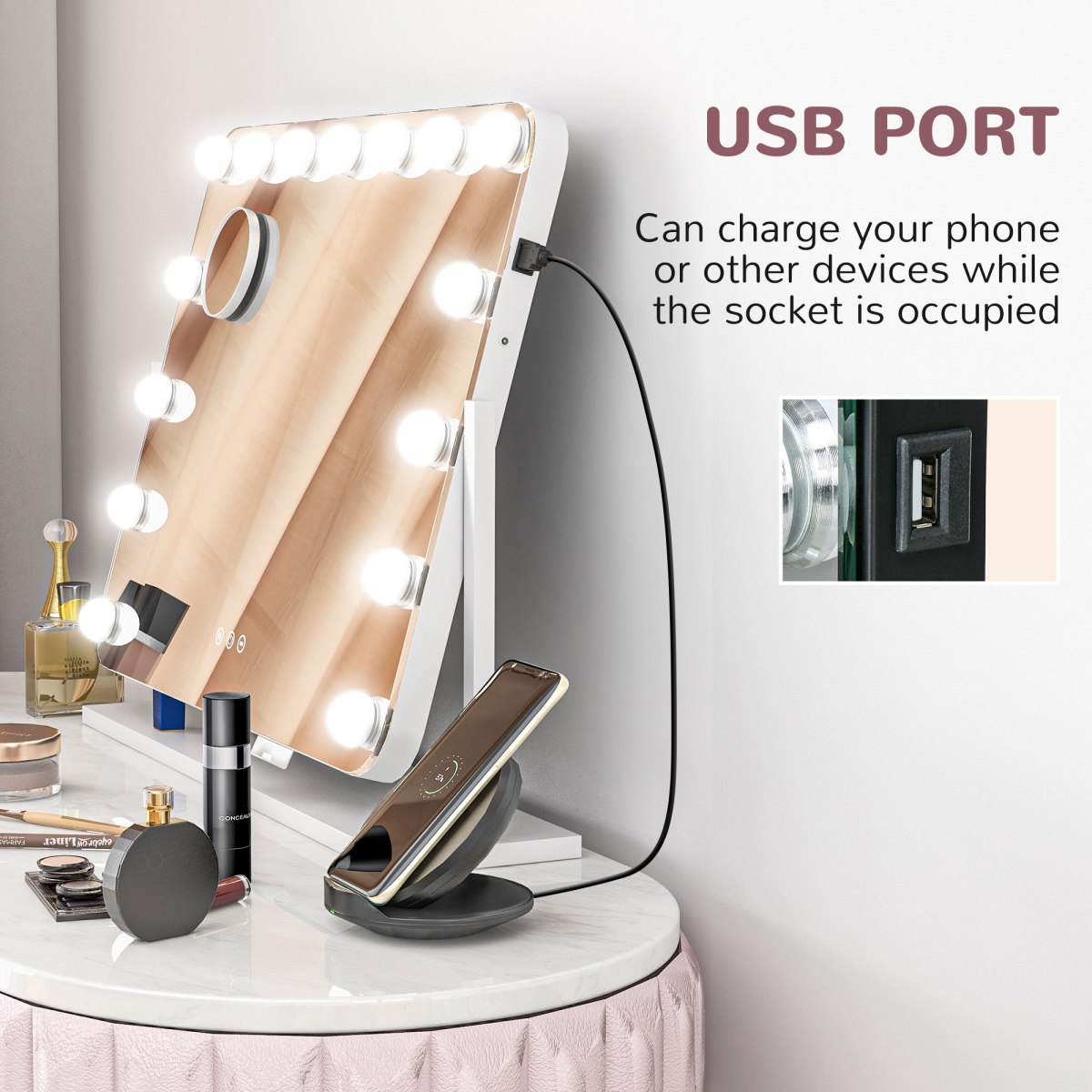 HOMCOM Hollywood Dimmable LED Makeup Mirror with 10x Magnifier, USB Port