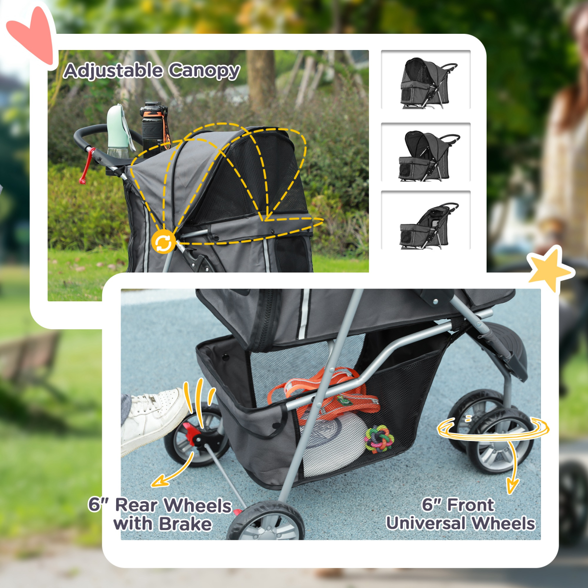 PawHut 3-Wheel Pet Stroller for Cats & Small Dogs, Charcoal Grey