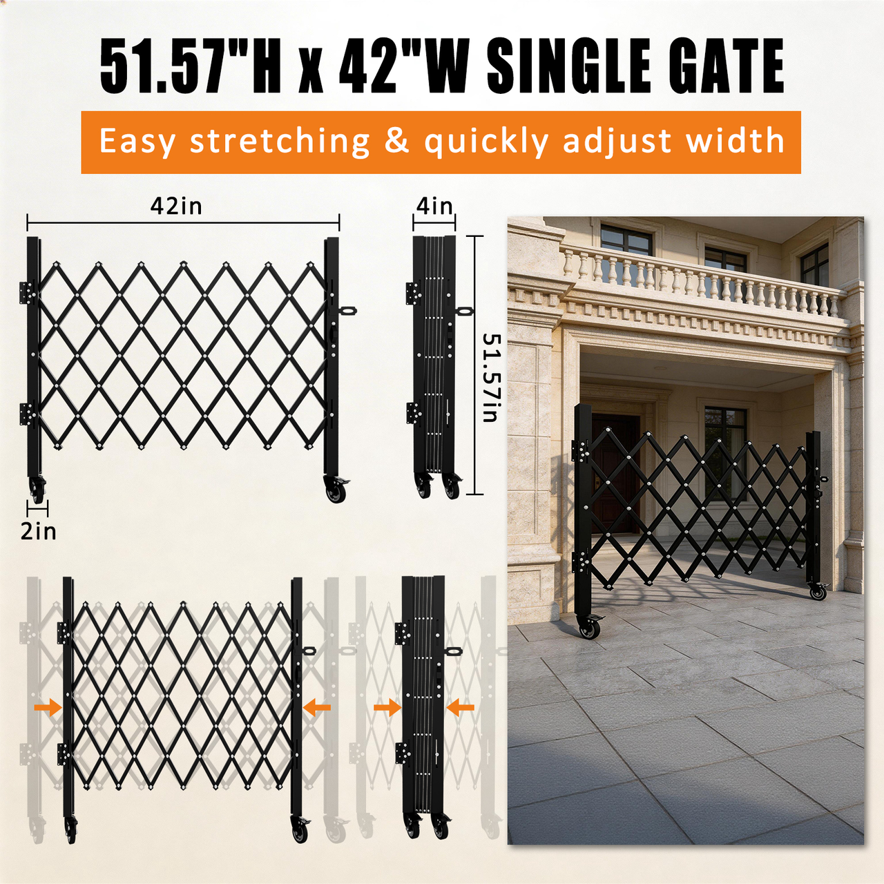 Foldable Security Gate, Expandable Safety Barrier with 360° Swivel Casters Lockable Design, Portable Mobile Rolling Barricade for Garage, Warehouse, Driveway and Pool Areas (51.57" H x 42" W)