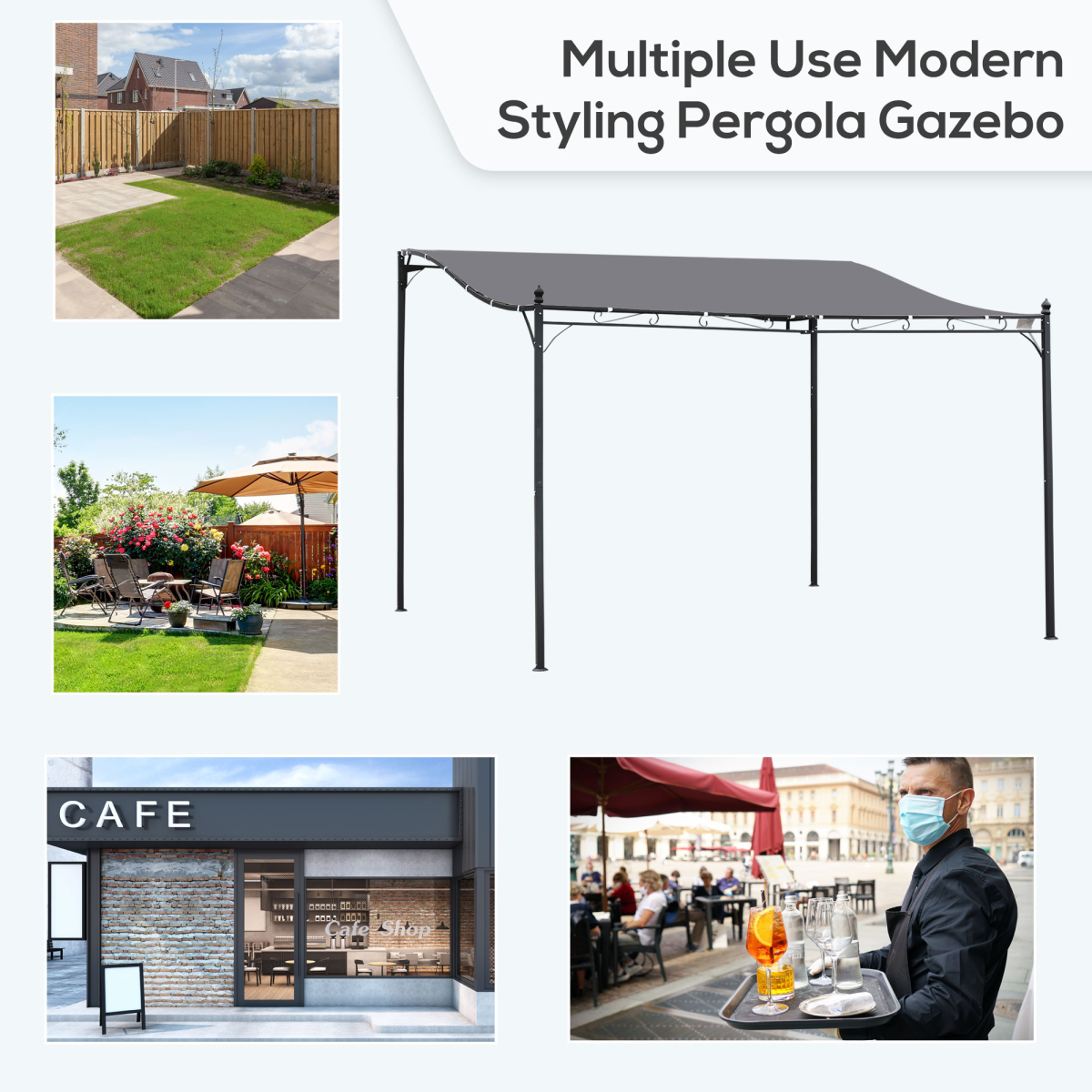 Outsunny 4x3m Grey Metal Wall Gazebo with 180gsm Polyester Canopy