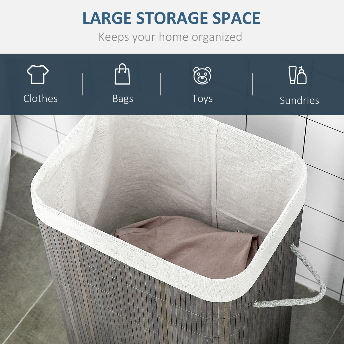 HOMCOM Bamboo Laundry Basket with Flip Lid, Foldable, Removable Washable Lining, Side Rope Handles