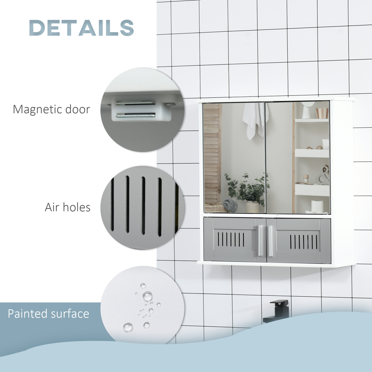 kleankin Bathroom Mirror Cabinet Wall Mounted Storage Cupboard with Mirrored Doors Grey