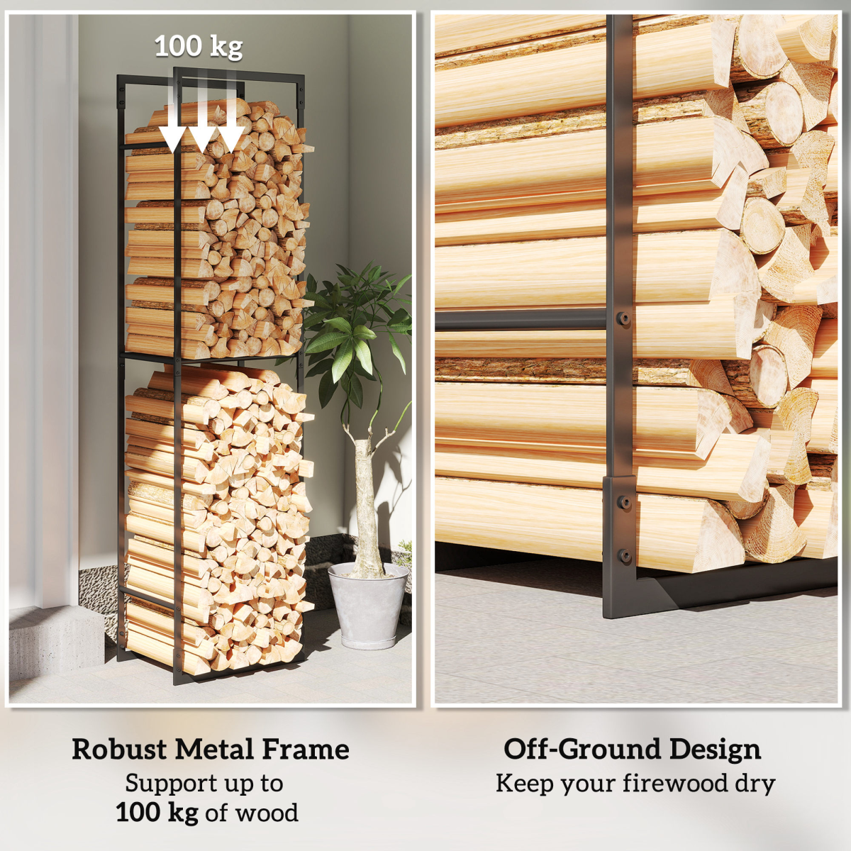 Outsunny Metal Firewood Rack with Adjustable Shelf, Black