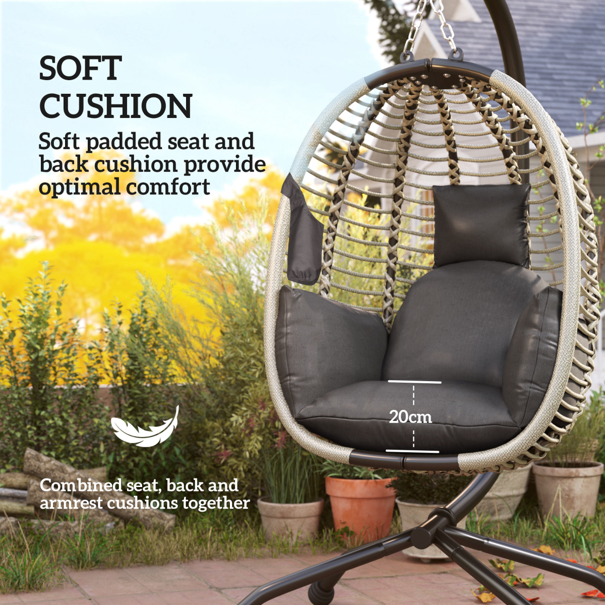 Outsunny Padded Folding Basket Chair with Cup Holders, Dark Grey
