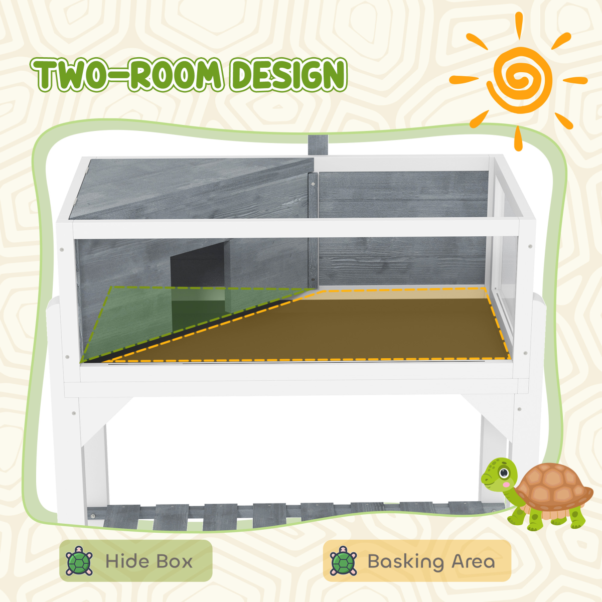 PawHut Wooden Two-Room Tortoise House with Storage Shelf and Windows