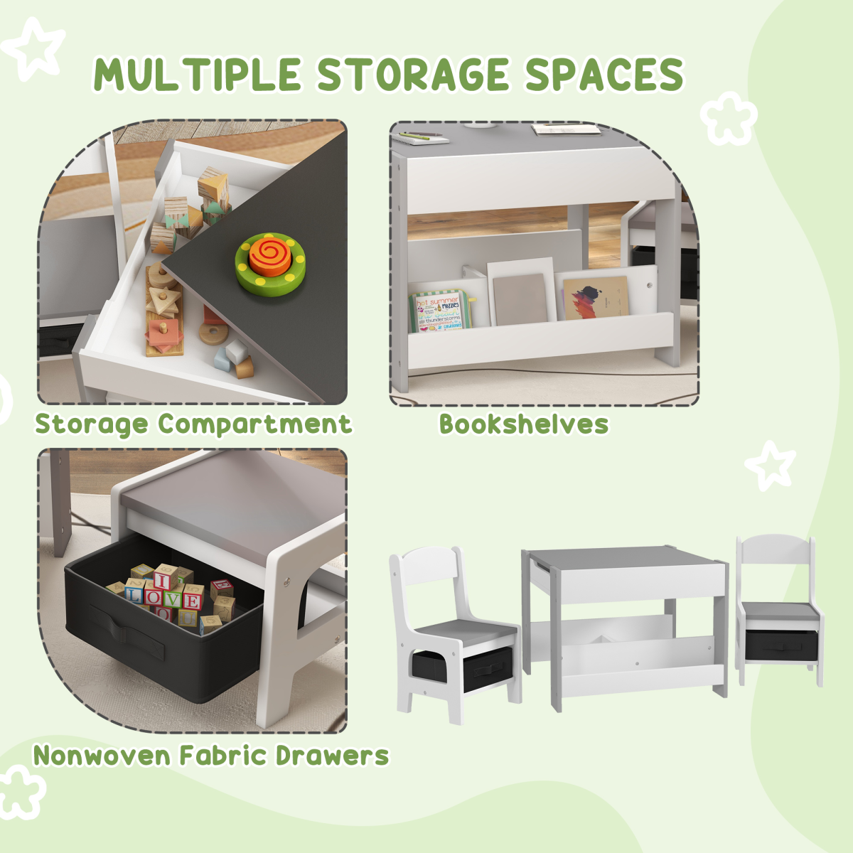 HOMCOM 3-Piece Kids Table and 2 Chairs Set with Storage, Grey