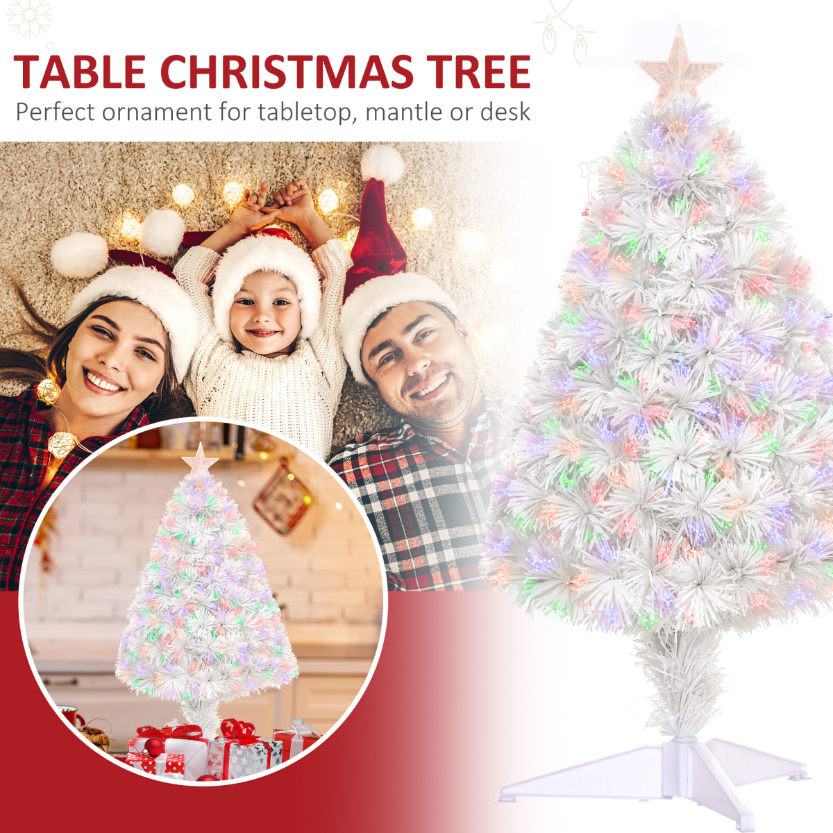 HOMCOM 2.5FT Prelit Artificial Tabletop Christmas Tree with Fibre Optic Lights, Star Top, 85 Branch Tips, White