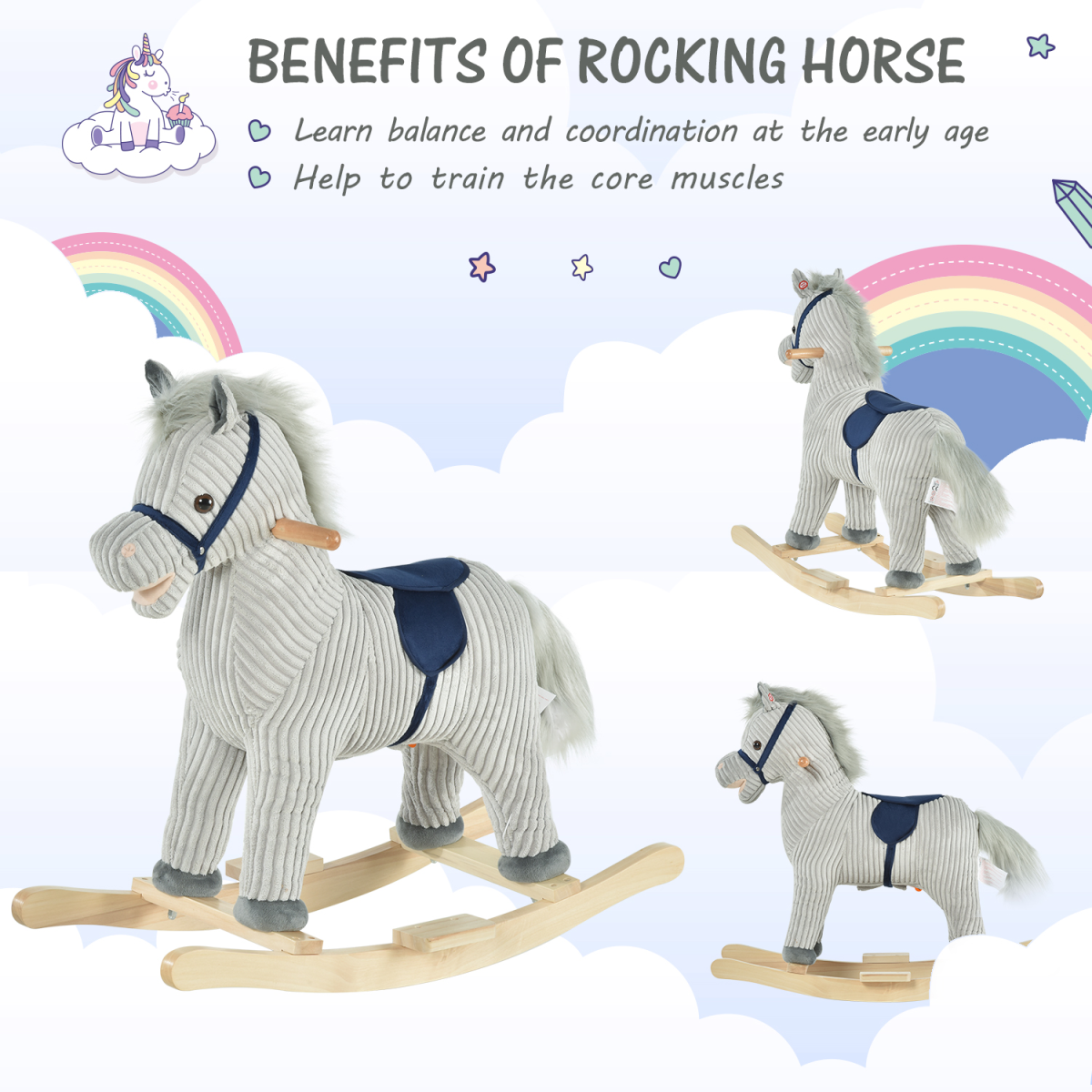 HOMCOM Kids Rocking Horse Ride-On with Sound, Wooden Base