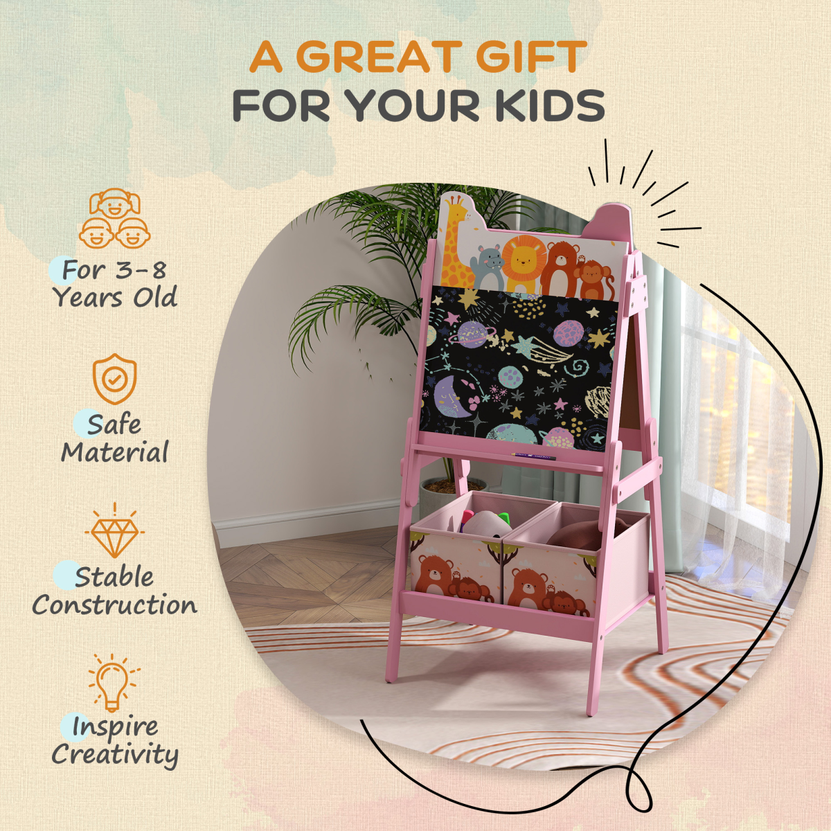 AIYAPLAY Pink 2-in-1 Kids Easel with Whiteboard, Chalkboard & Storage