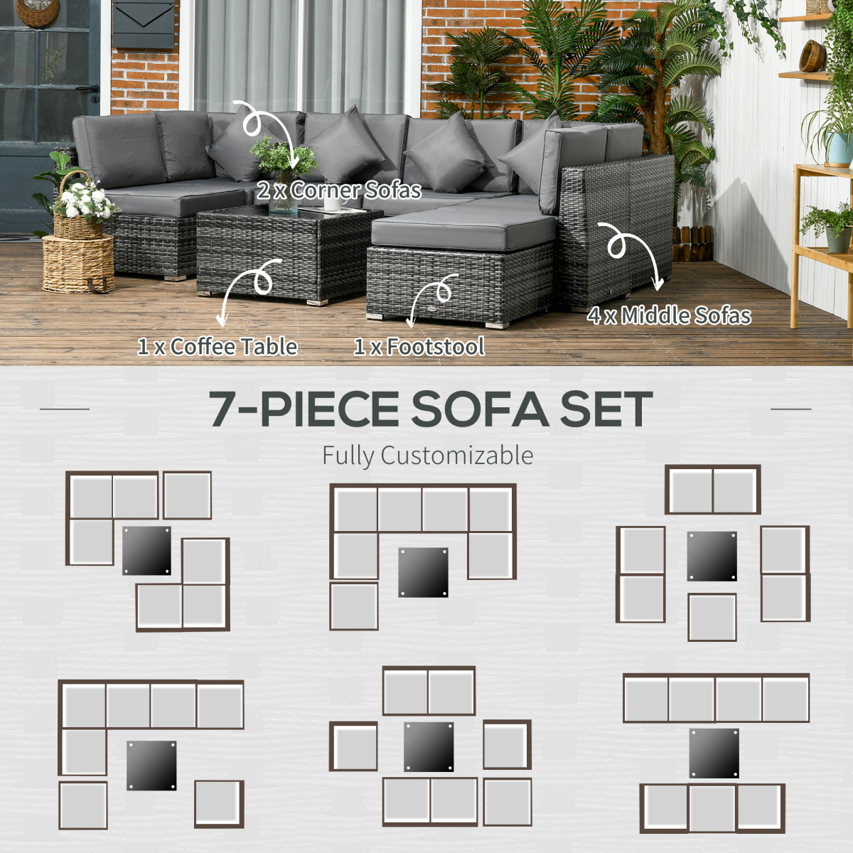 Outsunny 8-Piece Patio Rattan Sofa Set with Corner Seats, Middle Seats, Footstool and Coffee Table, Grey