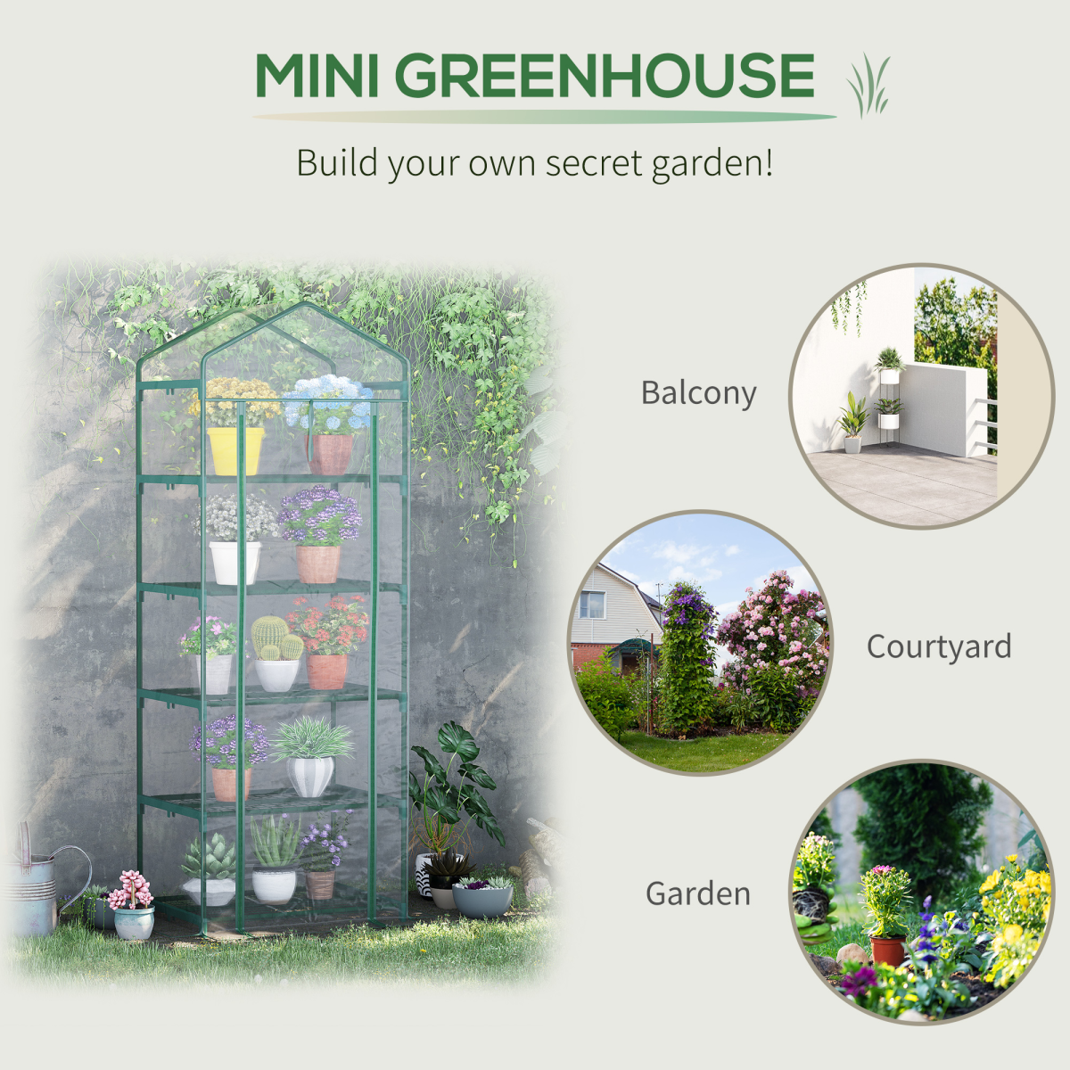 Outsunny 5-Tier Outdoor Greenhouse with Steel Frame, Transparent PVC Cover, Zipped Door, 69 x 49 x 193 cm