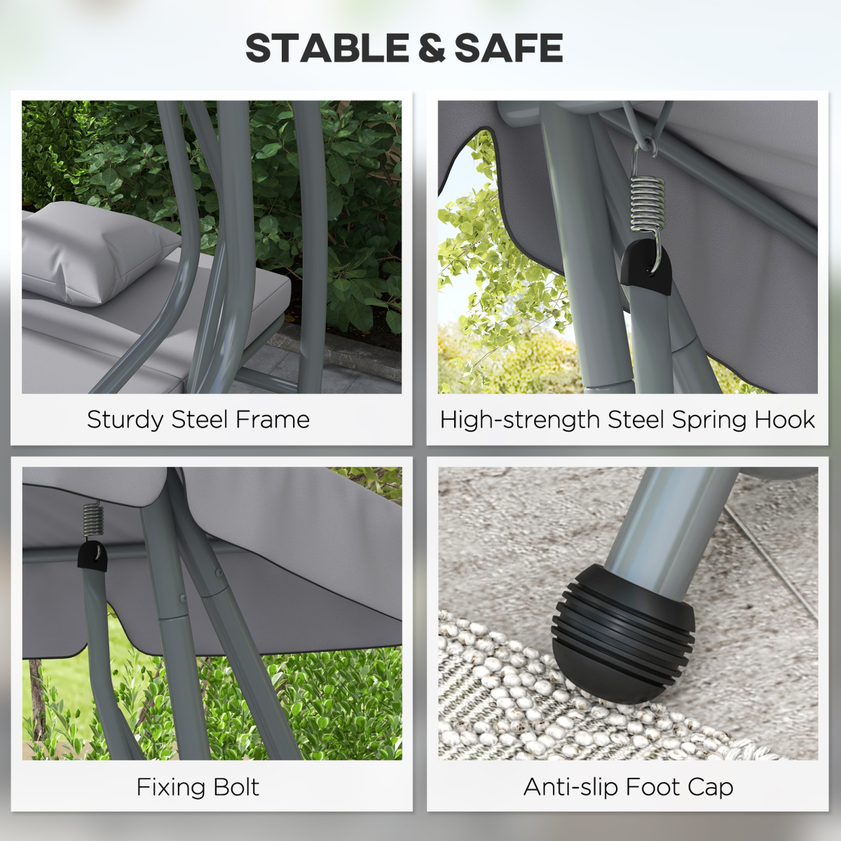 Outsunny 2-in-1 3-Seater Garden Swing Chair with Adjustable Canopy, Grey