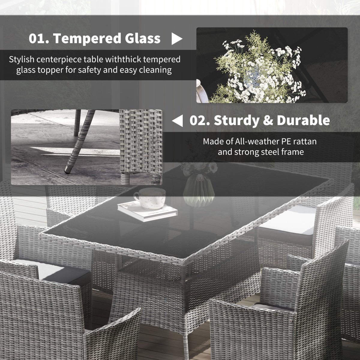 Outsunny 7-Piece Outdoor Rattan Dining Set for 6 with Cushions and Glass Top Table