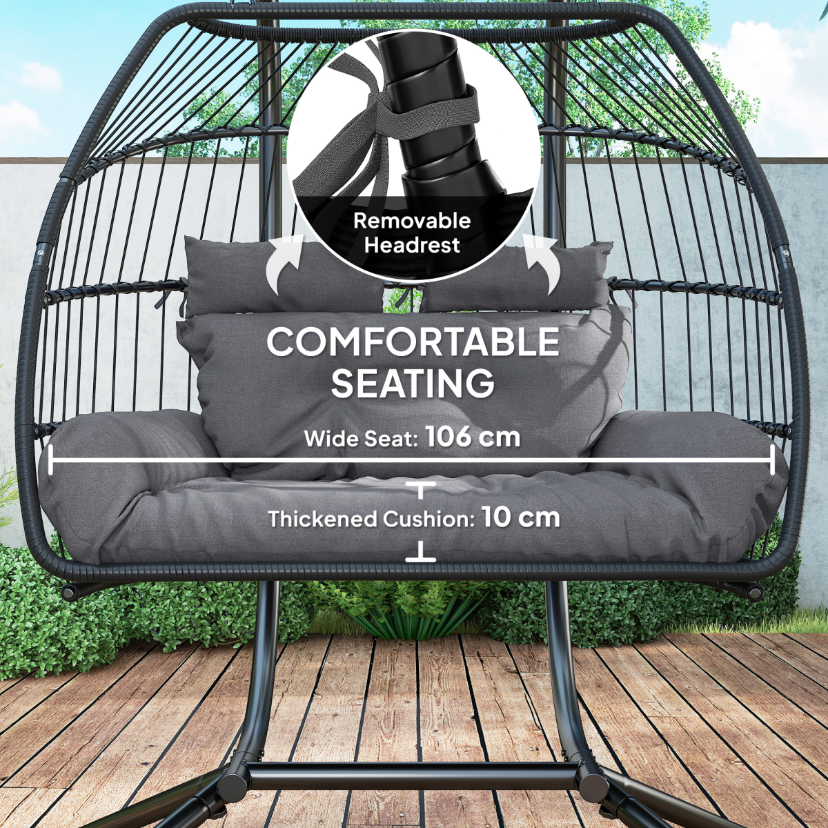 Outsunny Double Rattan Hanging Egg Chair with Stand, Cushion, Dark Grey