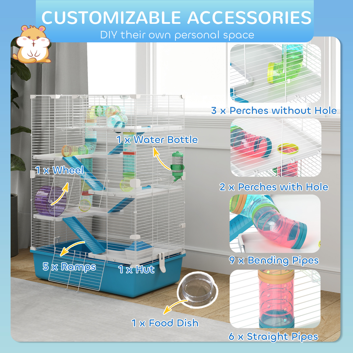 PawHut 6-Tier Twin Tower Hamster Cage with Accessories, Light Blue