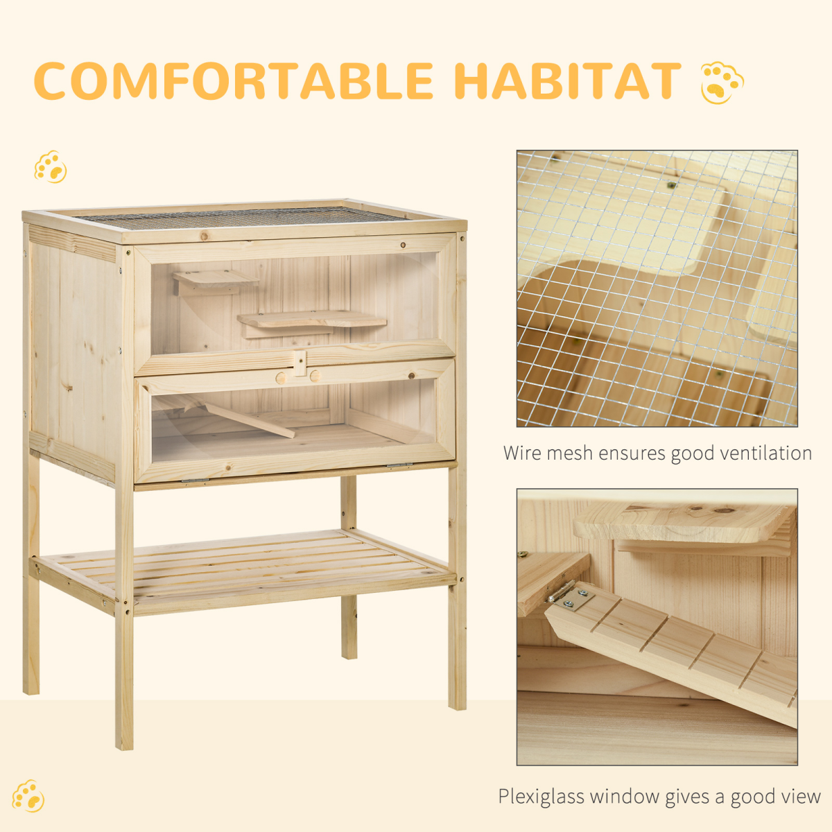 3-Tier Wooden Fir Hamster Cage House for Play and Exercise