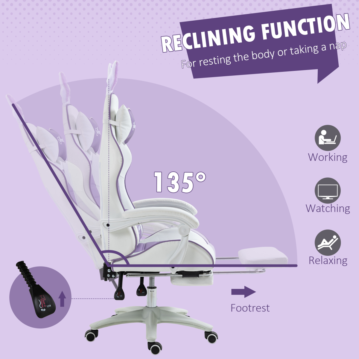 Vinsetto Racing Style Gaming Chair with Footrest, Removable Bunny Ears, Purple