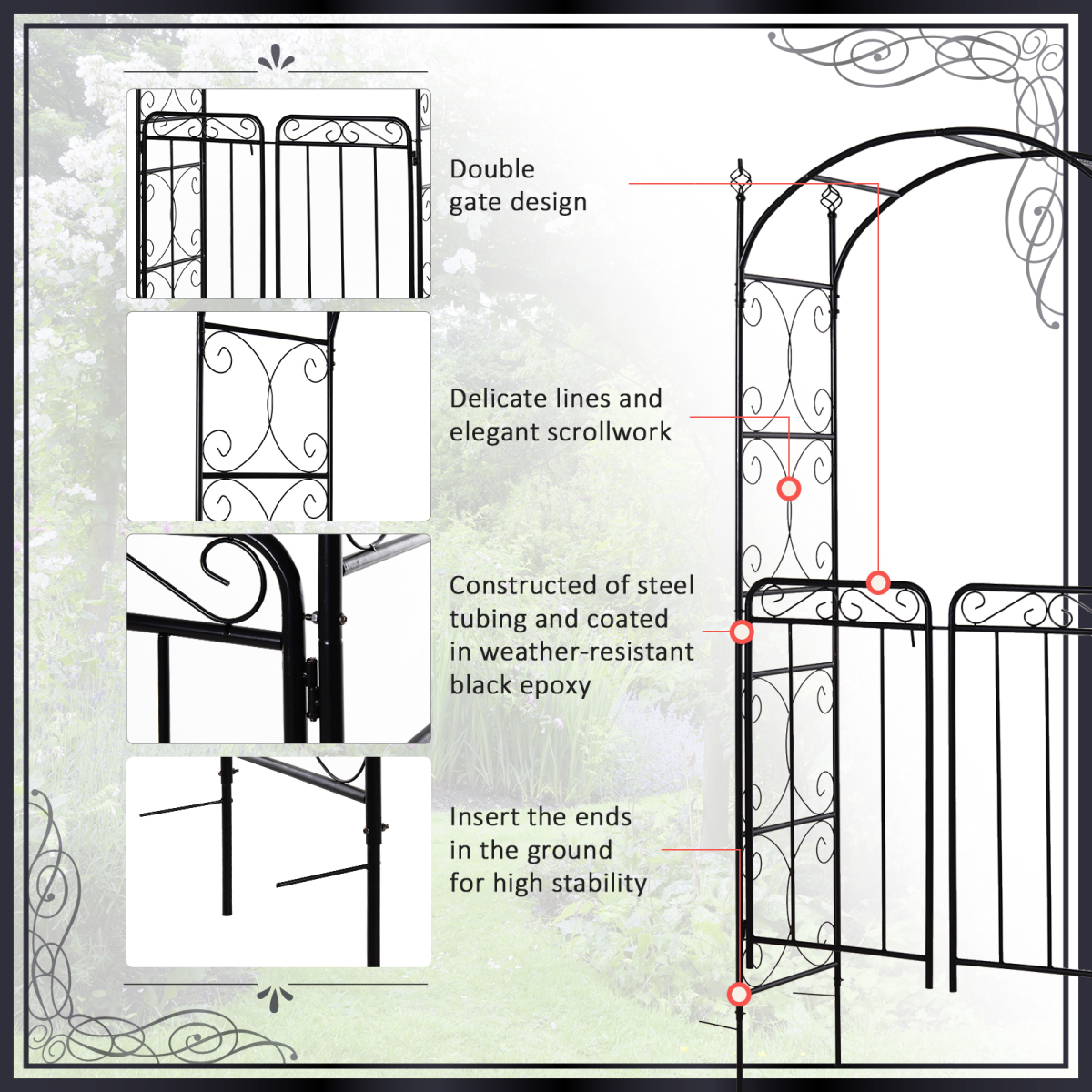 Decorative Metal Garden Arch Gate with Trellis for Climbing Plants