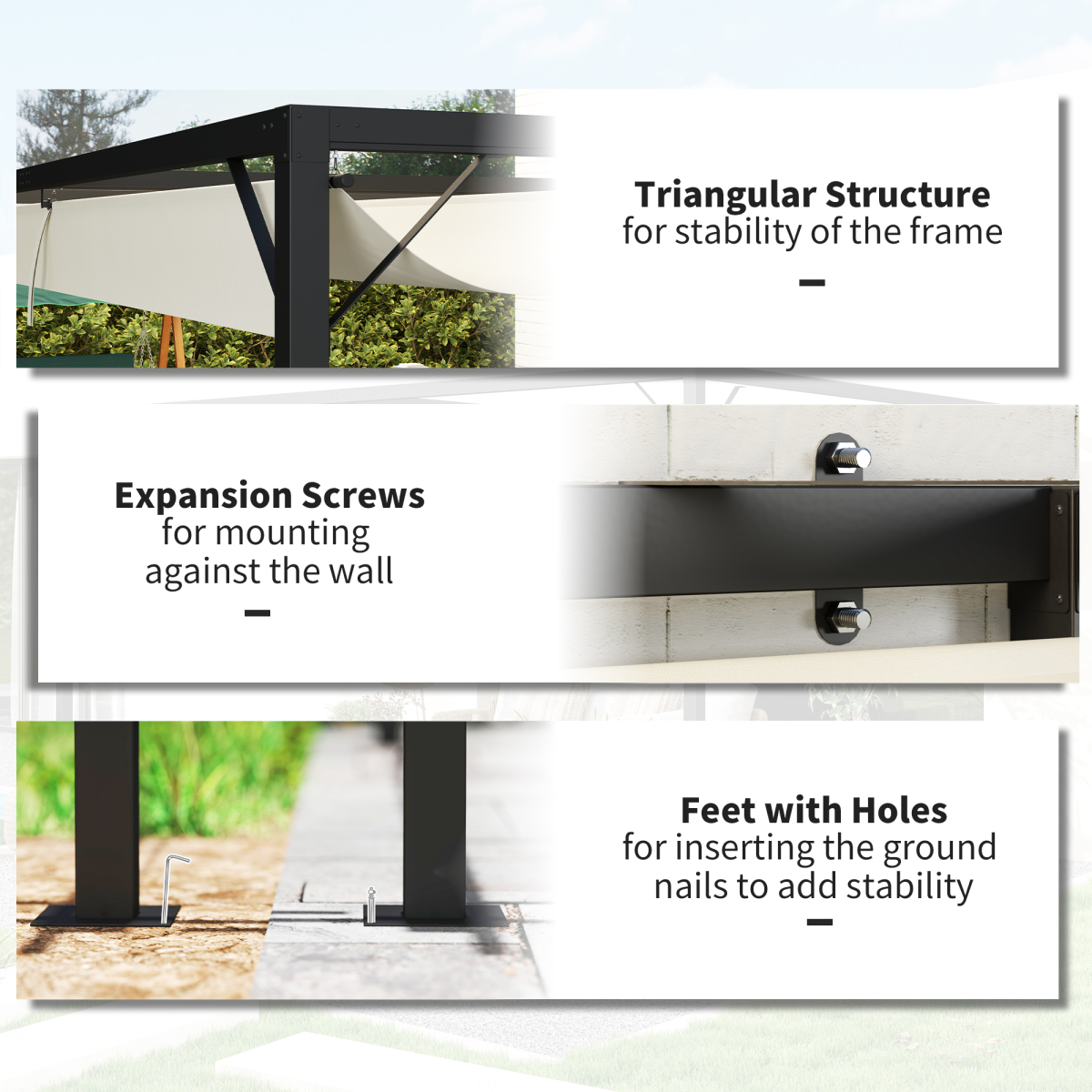 Outsunny 3x3m Wall-Mounted Pergola with Retractable Canopy, Cream White