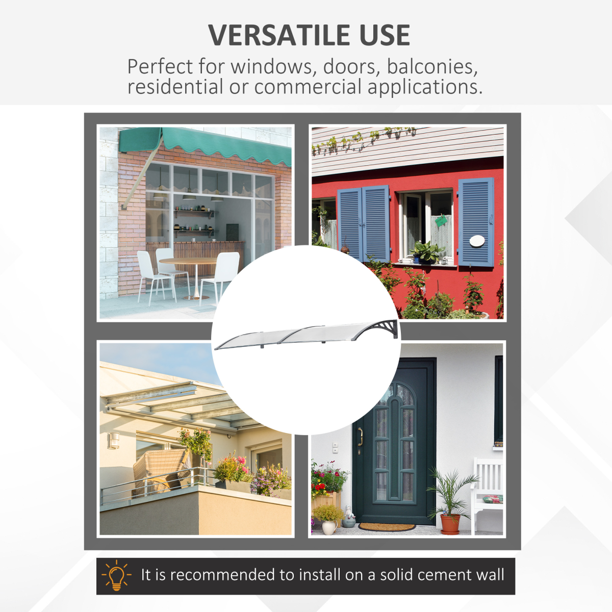 Outsunny Clear Polycarbonate Door Canopy Awning with UV-Resistant Layer, PP Bracket, Wall Mount Kit for Windows, Doorways and Balconies