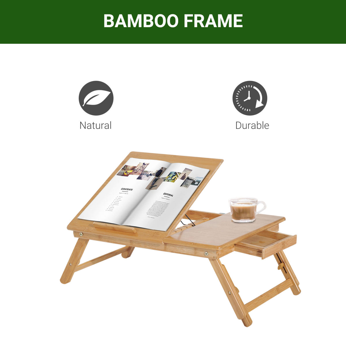 Portable Adjustable Bamboo Laptop Bed Tray Table with Drawer and Cup Slot