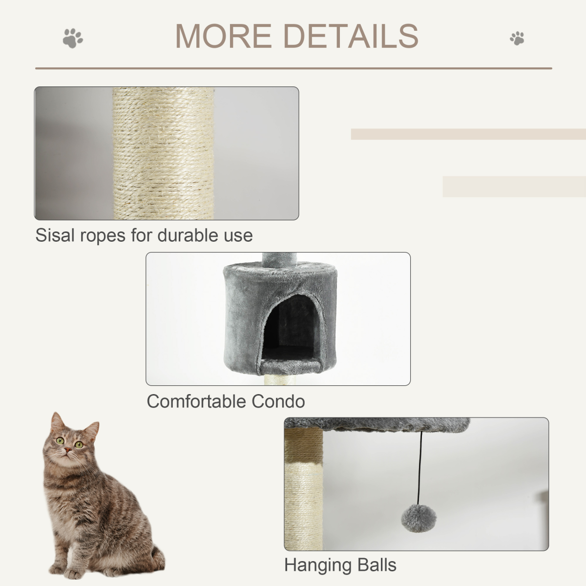 PawHut Four-Layer Cat Tree with Plush Cat Box, Scratching Post and Toy Balls, Light Grey