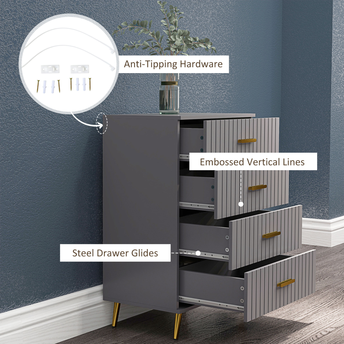HOMCOM 4-Drawer Chest of Drawers, Grey with Gold Accents, Aluminium Legs