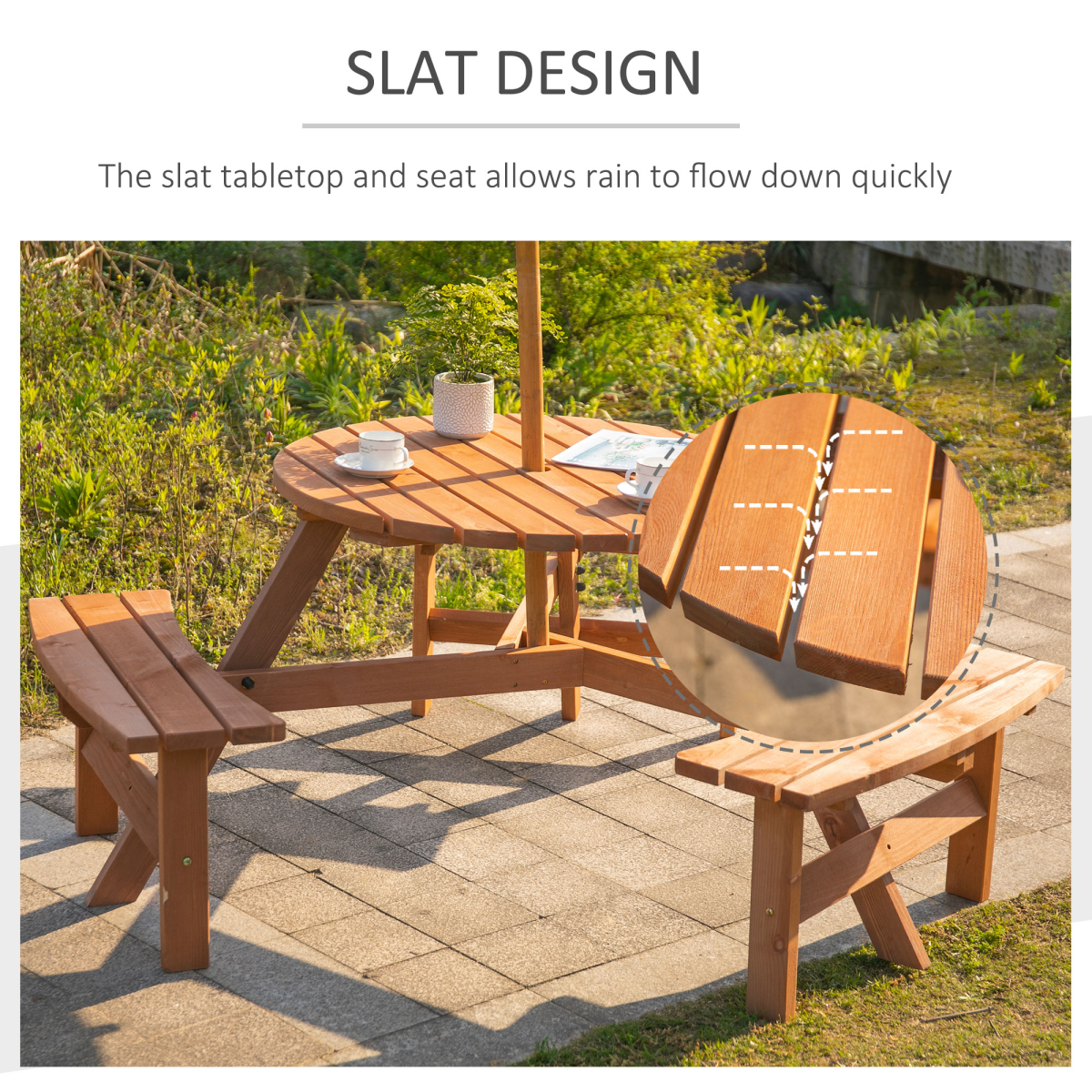 Outsunny Round Wooden Table with 3 Attached Benches and Umbrella Hole, Fir Wood, Outdoor Garden Use
