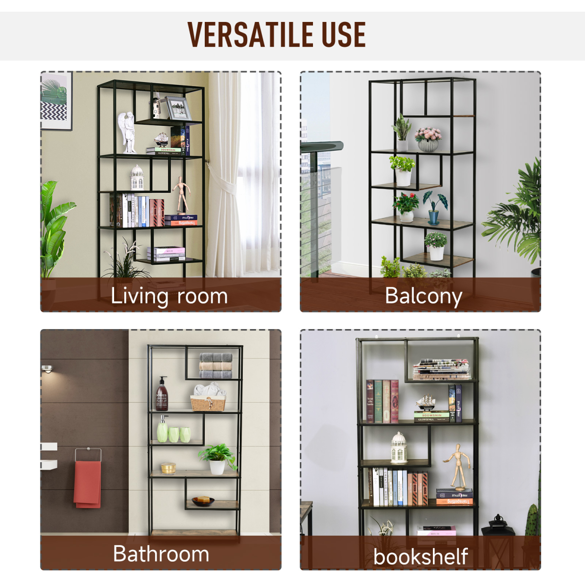 Industrial 6-Tier Bookshelf with Metal Frame, Display Rack