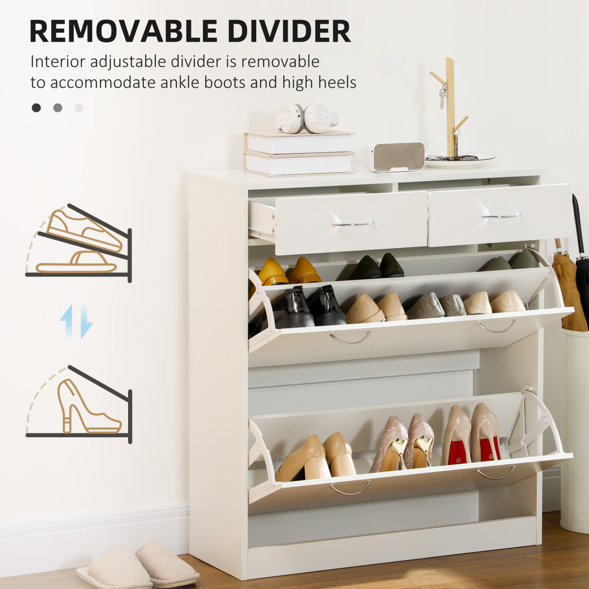 HOMCOM Slim Shoe Cabinet with 2 Flip Drawers, Holds 12 Pairs, White