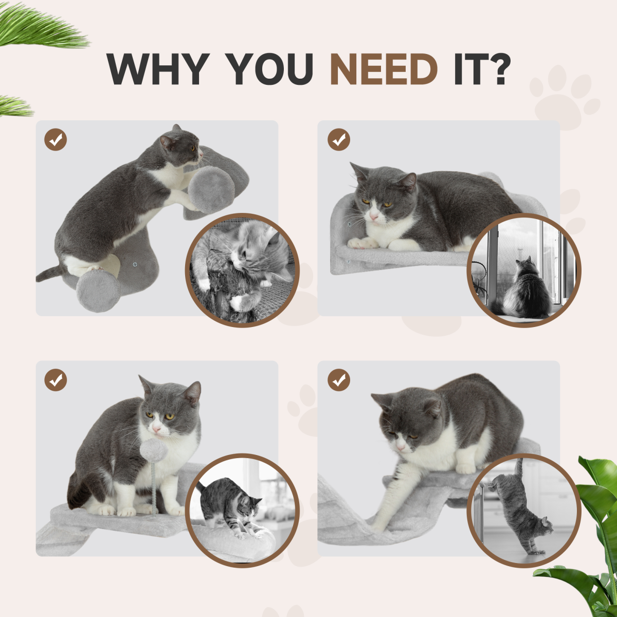 PawHut 4-Piece Wall-Mounted Cat Shelves with Steps, Ladder & Platforms
