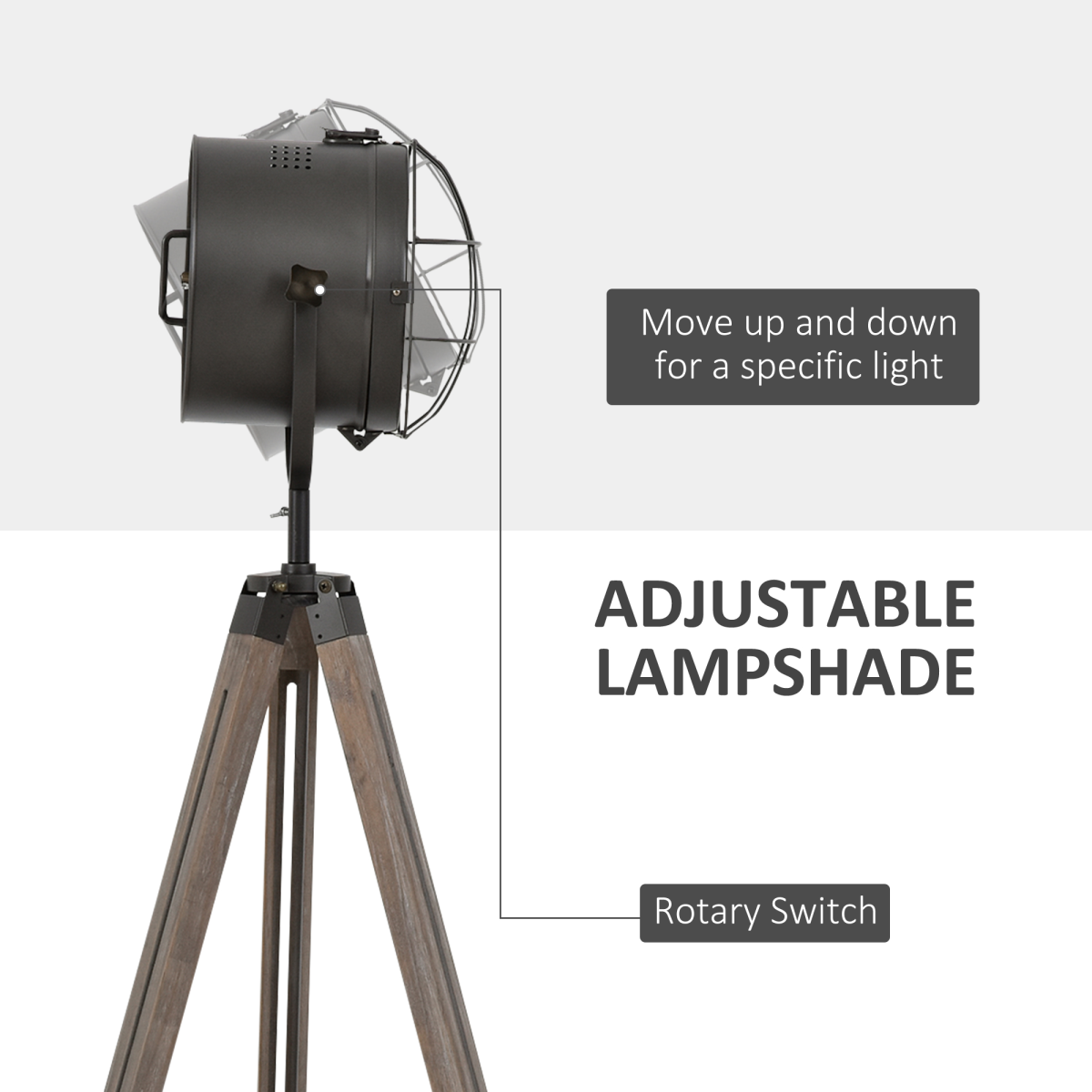 HOMCOM Pine Wood Tripod Spotlight Floor Lamp, Height Adjustable, Brown/Black