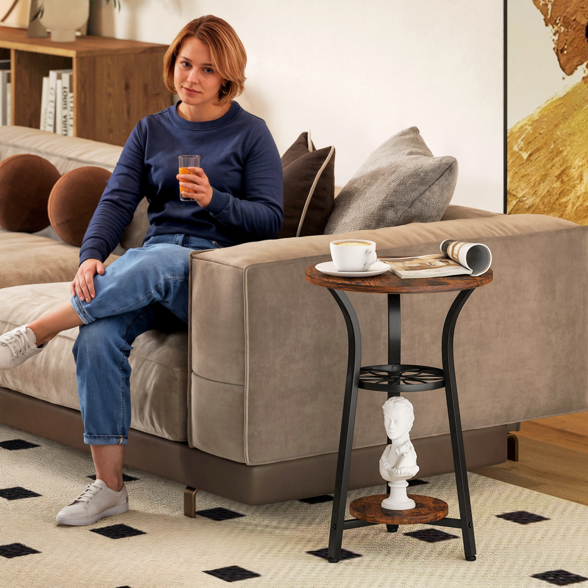 HOMCOM 38 cm Round 3-Tier Industrial Side Table, Rustic Brown